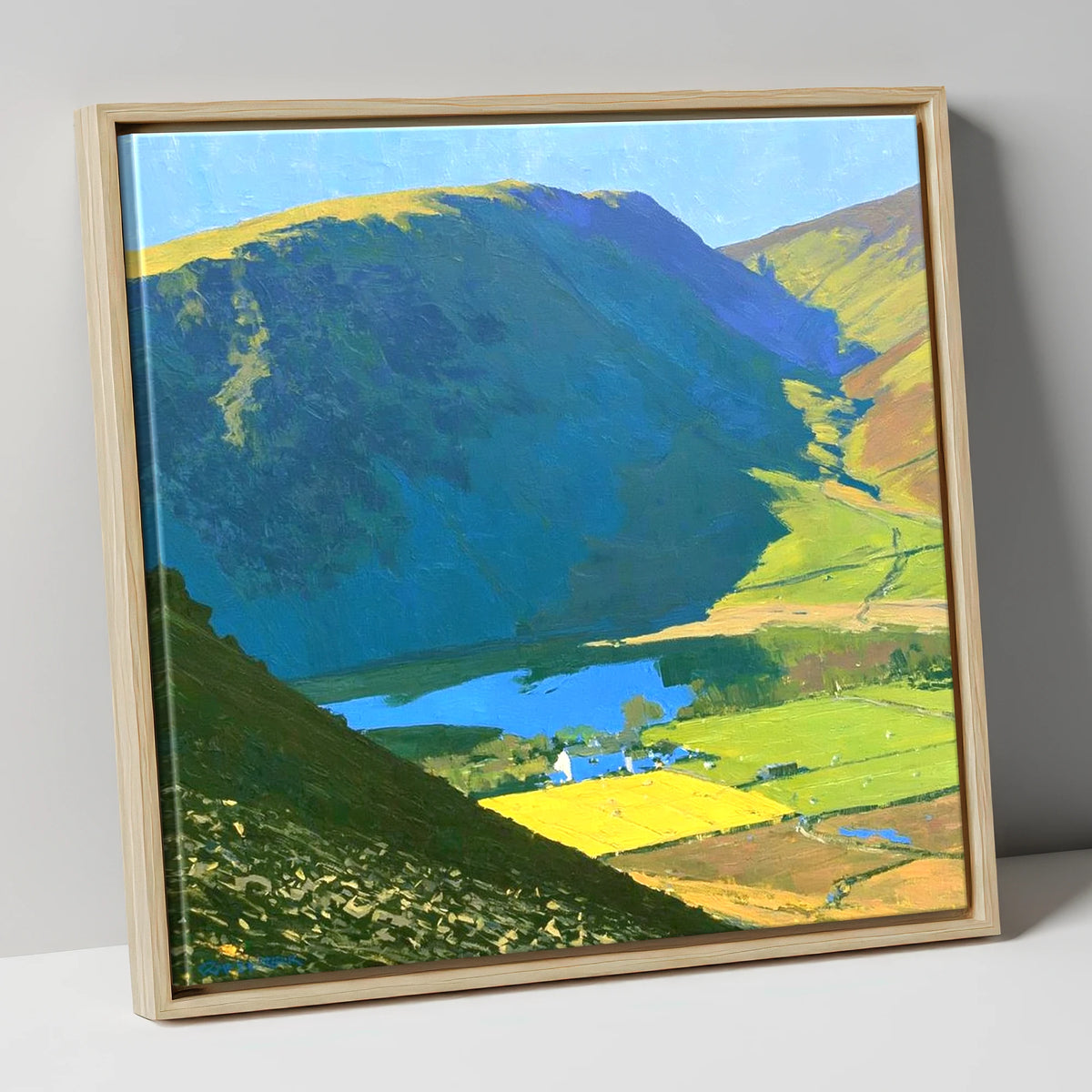 High Seat Over Vibrant Fields lake district fell canvas wall art in natural frame