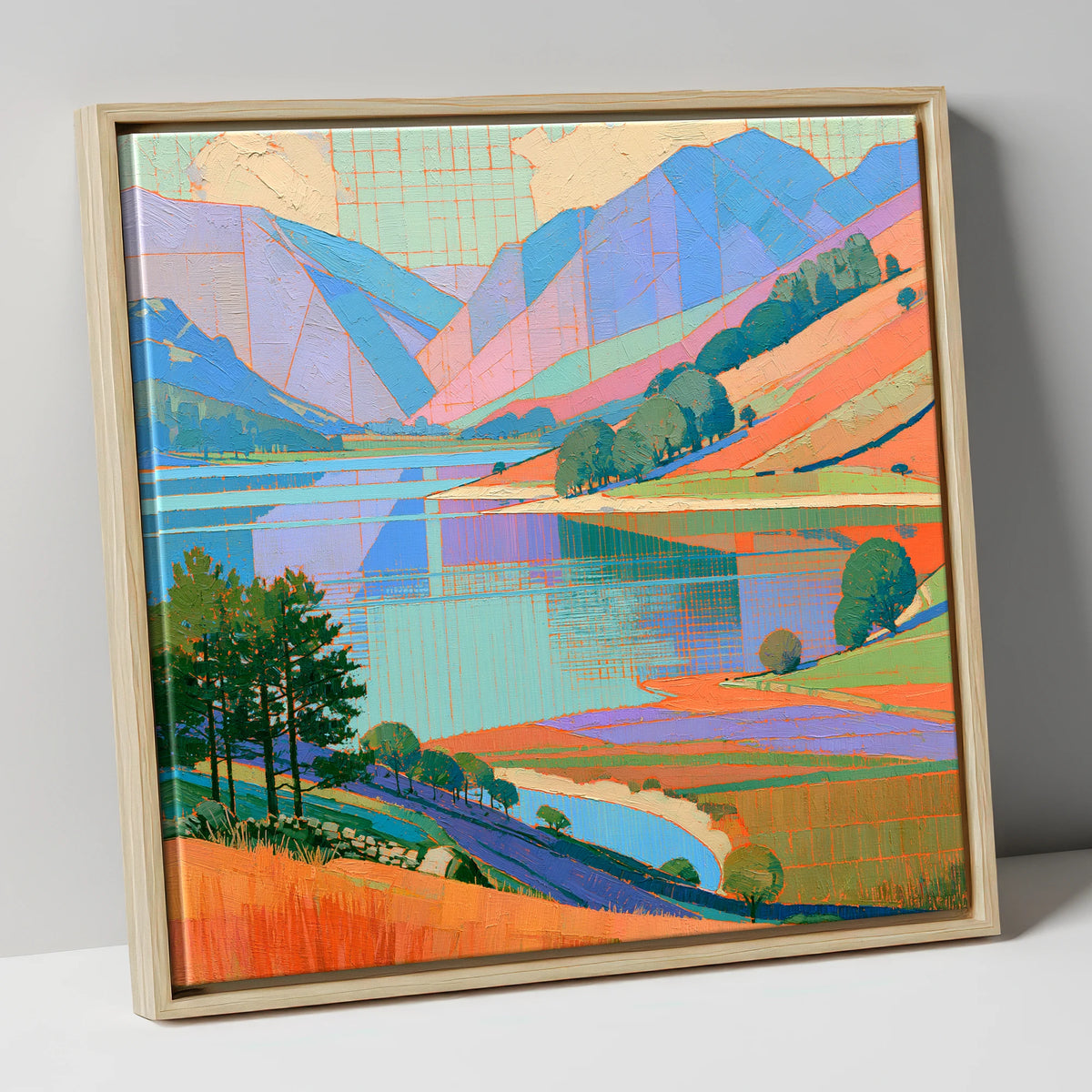 Vibrant Fells Over Turquoise Lake lake district lake canvas wall art in natural frame