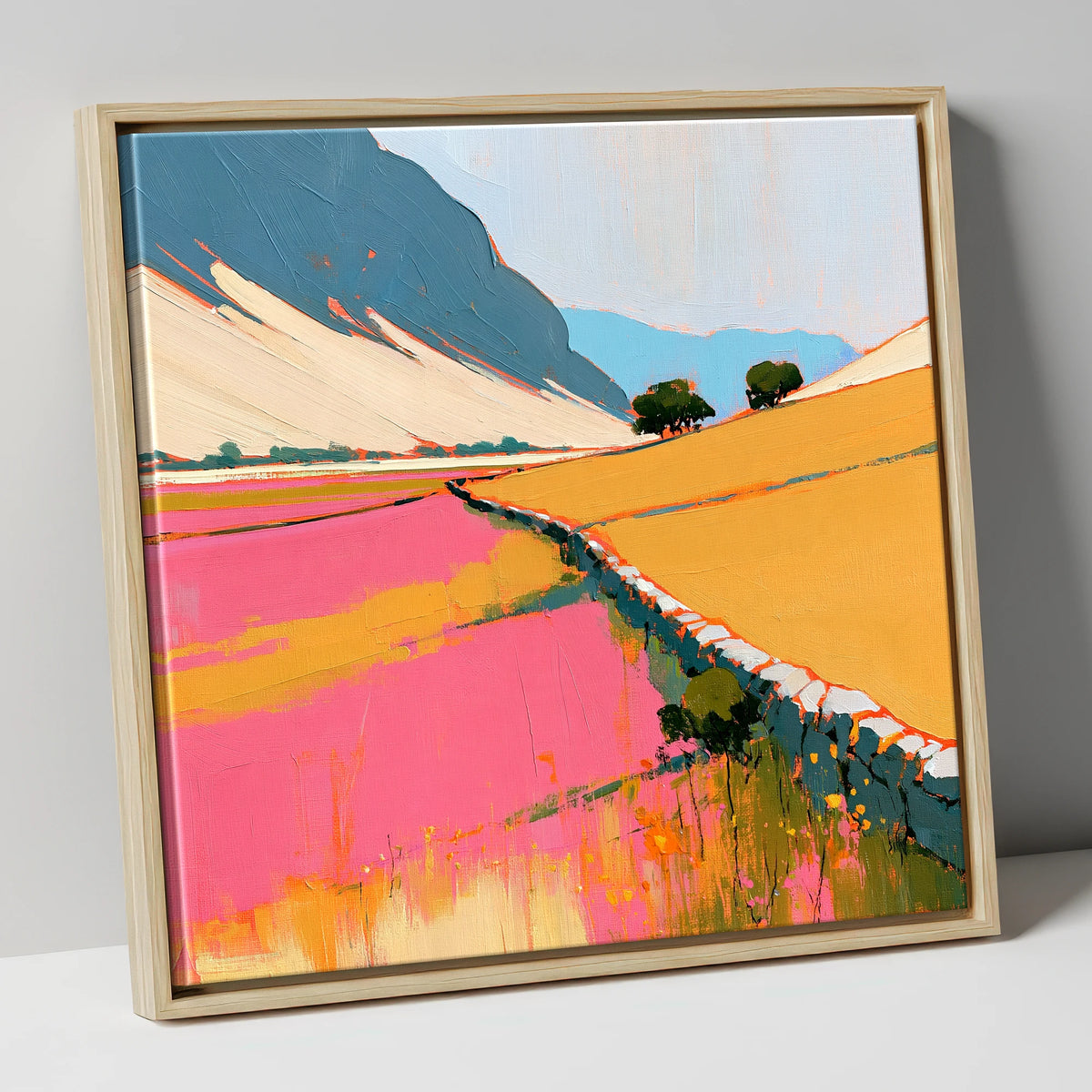Bold Pink Valley Drystone Wall lake district valley canvas wall art in natural frame