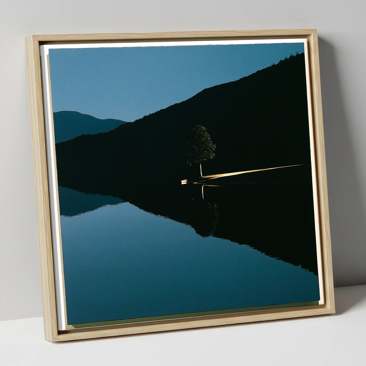 Illuminated Shore on Calm Lake lake district lake canvas wall art in natural frame