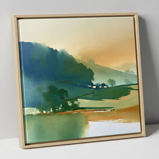 Teal Fells and Morning Mist lake district sky canvas wall art in natural frame