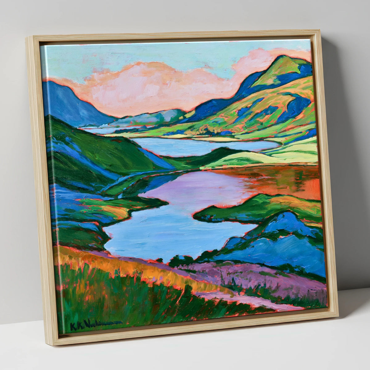 Colourful Fells Above the Lake lake district lake canvas wall art in natural frame