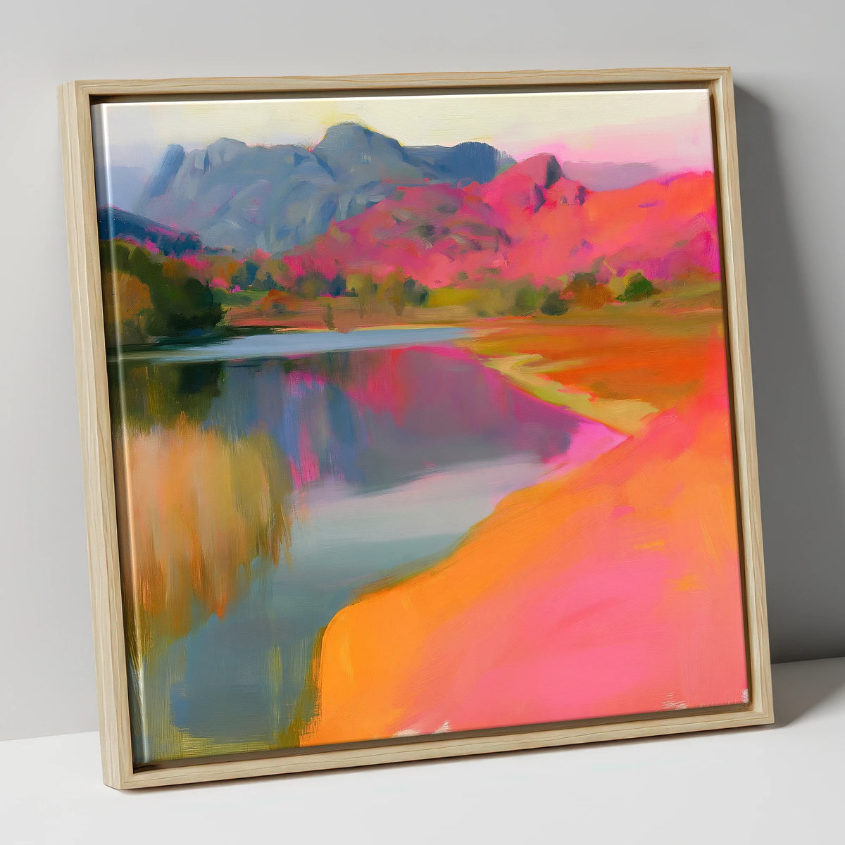 Vibrant Elterwater and Pink Fells lake district lake canvas wall art in natural frame