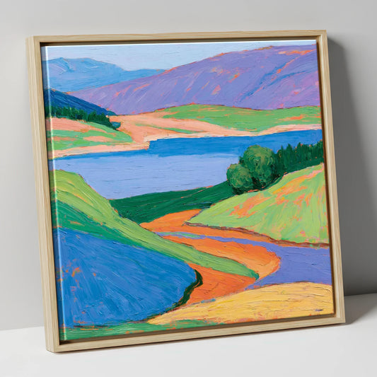 Cobalt Lake and Vibrant Fells lake district lake canvas wall art in natural frame