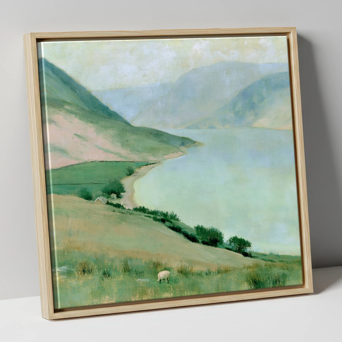 Pastel Haze over Ennerdale Water lake district valley canvas wall art in natural frame