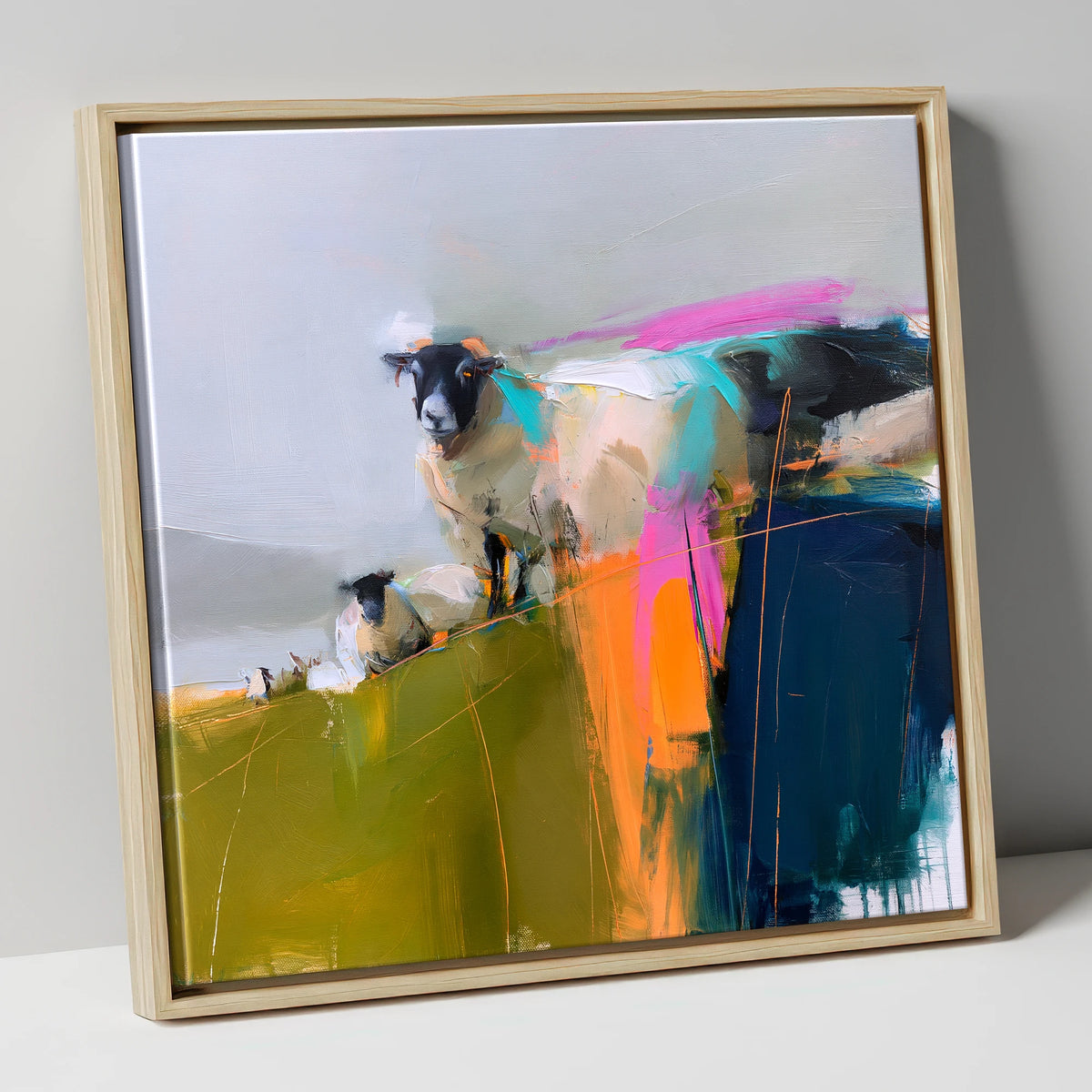Vibrant Herdwick Sheep on Fellside lake district wildlife canvas wall art in natural frame