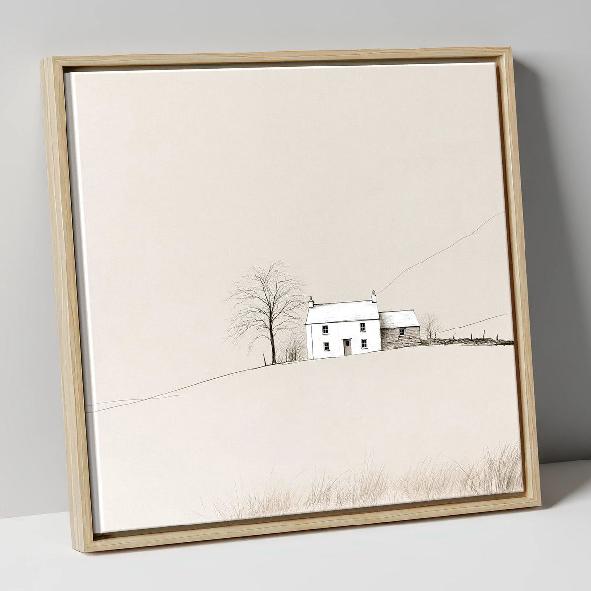Minimalist White Fellside Cottage lake district village canvas wall art in natural frame