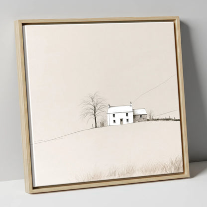 Minimalist White Fellside Cottage lake district village canvas wall art in natural frame