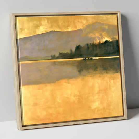 Still Lake in Golden Dawn lake district lake canvas wall art in natural frame