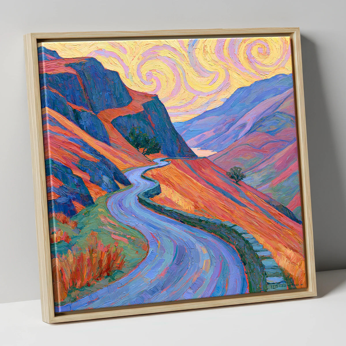 Winding Mountain Pass in Amber and Violet lake district valley canvas wall art in natural frame