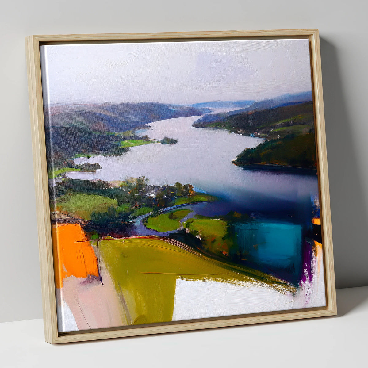 Contemporary Aerial View of Ambleside lake district village canvas wall art in natural frame