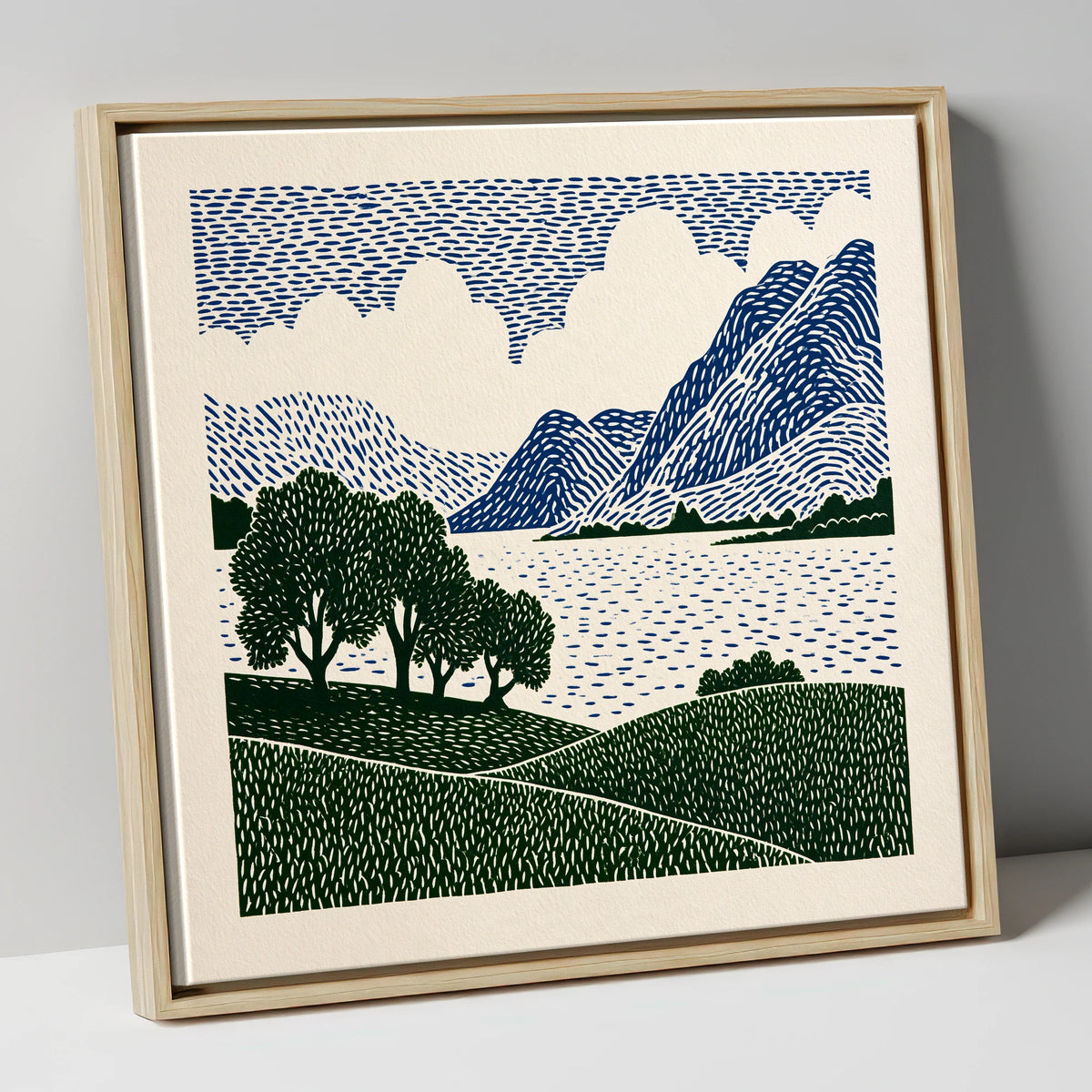 Crummock Water in Navy and Green lake district lake canvas wall art in natural frame