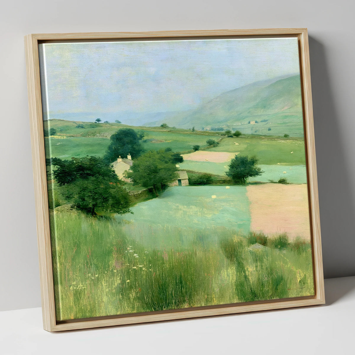 Patchwork Pastures in a Lakeland Dale lake district valley canvas wall art in natural frame