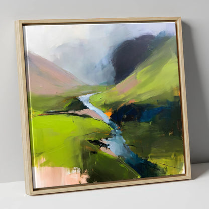 Winding River and Vibrant Fells lake district waterfall canvas wall art in natural frame