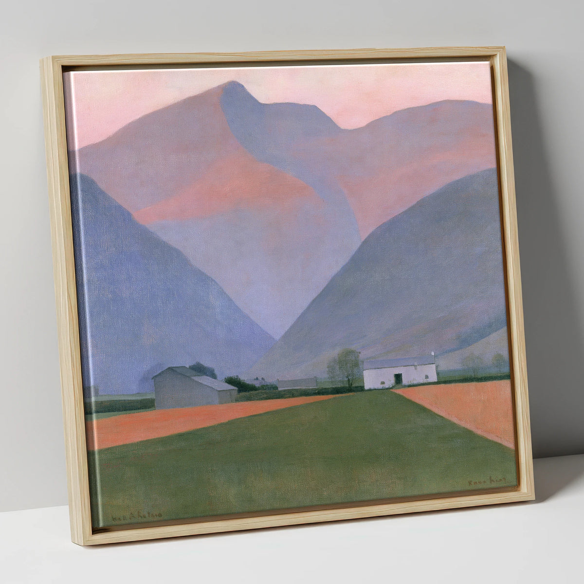 Valley Farm Beneath Pastel Fells lake district valley canvas wall art in natural frame