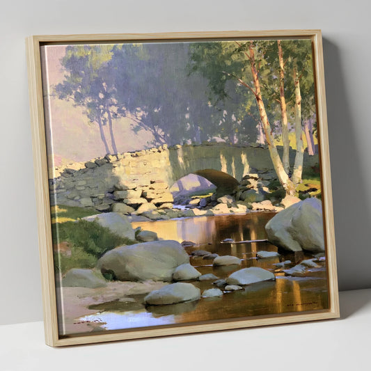 Sunlit Arched Bridge Over Beck lake district waterfall canvas wall art in natural frame