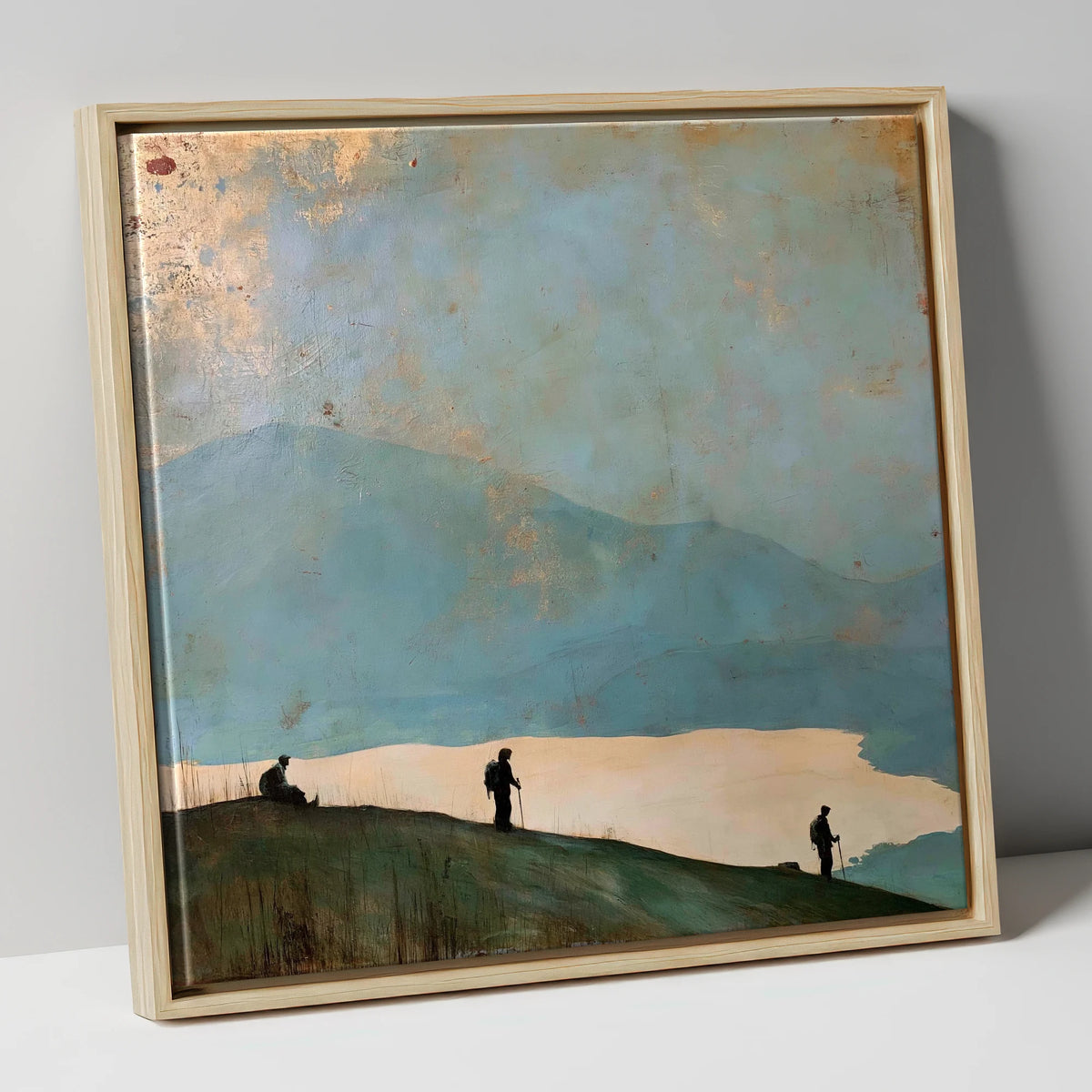 Silhouetted Walkers on Catbells lake district fell canvas wall art in natural frame