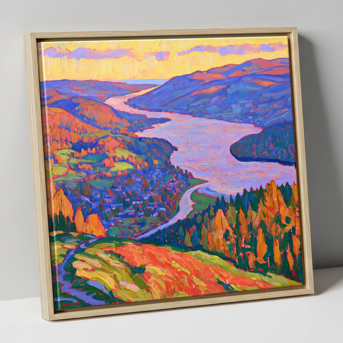 Vibrant Ambleside and Lake View lake district village canvas wall art in natural frame