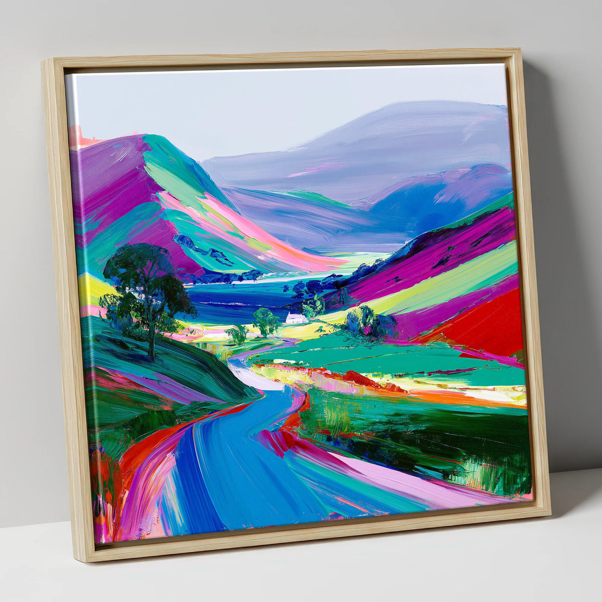 Vibrant Rolling Fells and Valley lake district fell canvas wall art in natural frame