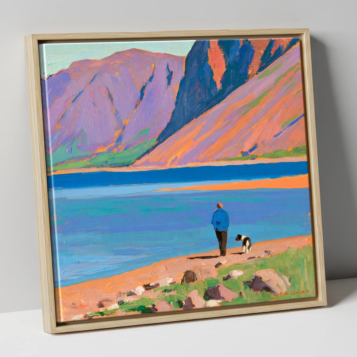 Vibrant Wast Water Dog Walk gifts for dog walkers canvas wall art in natural frame