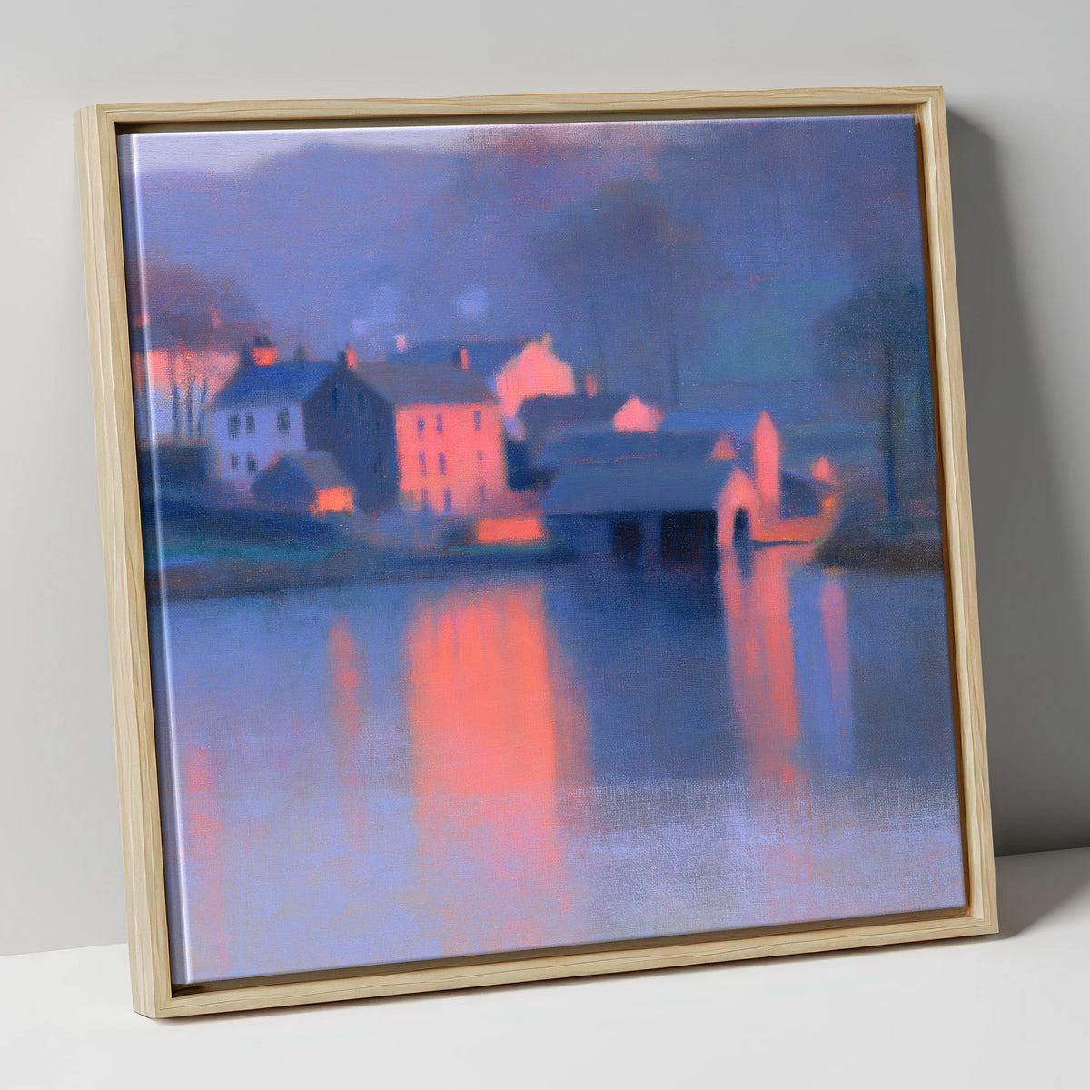 Lakeside Village in Pink Twilight lake district village canvas wall art in natural frame