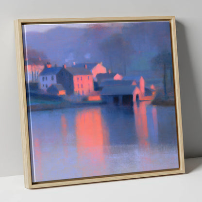 Lakeside Village in Pink Twilight lake district village canvas wall art in natural frame