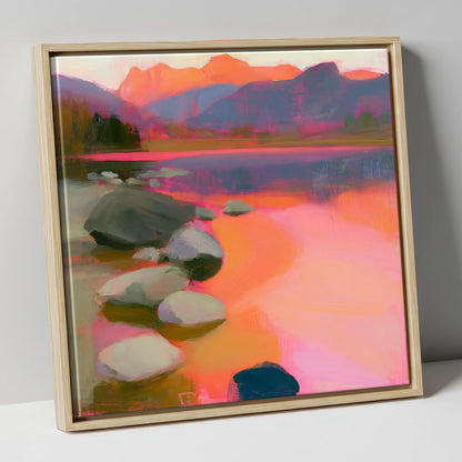 Elterwater Rocks in Fiery Light lake district lake canvas wall art in natural frame