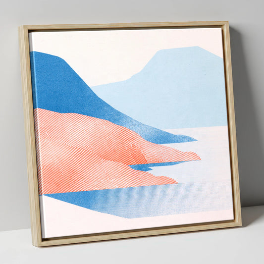 Coniston Water in Coral and Blue lake district lake canvas wall art in natural frame