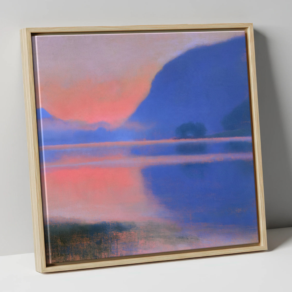 Pink Dawn Over Still Lake lake district lake canvas wall art in natural frame