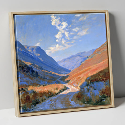 Sunlit Winding Mountain Pass lake district valley canvas wall art in natural frame