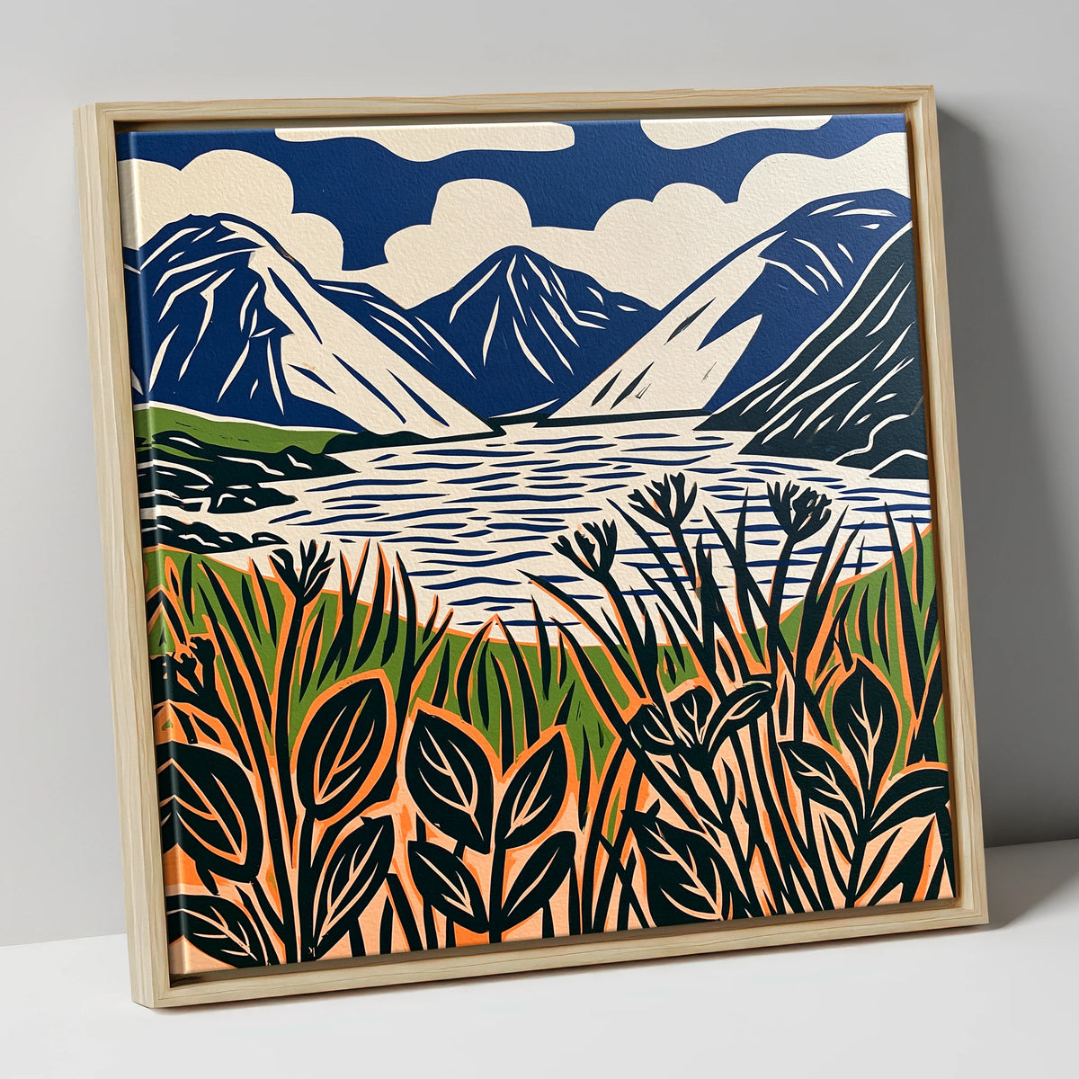 Wastwater in Navy and Orange lake district lake canvas wall art in natural frame