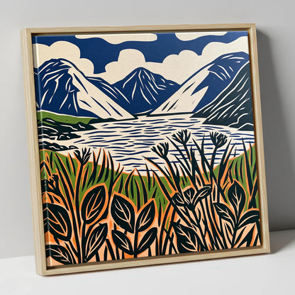 Wastwater in Navy and Orange lake district lake canvas wall art in natural frame