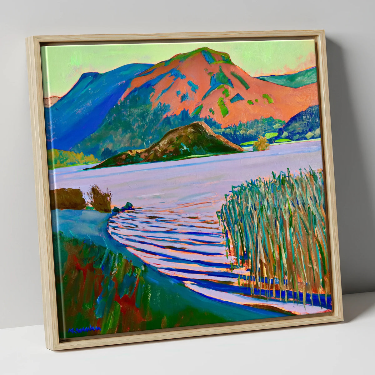 Grasmere Reeds and Vibrant Fells lake district lake canvas wall art in natural frame