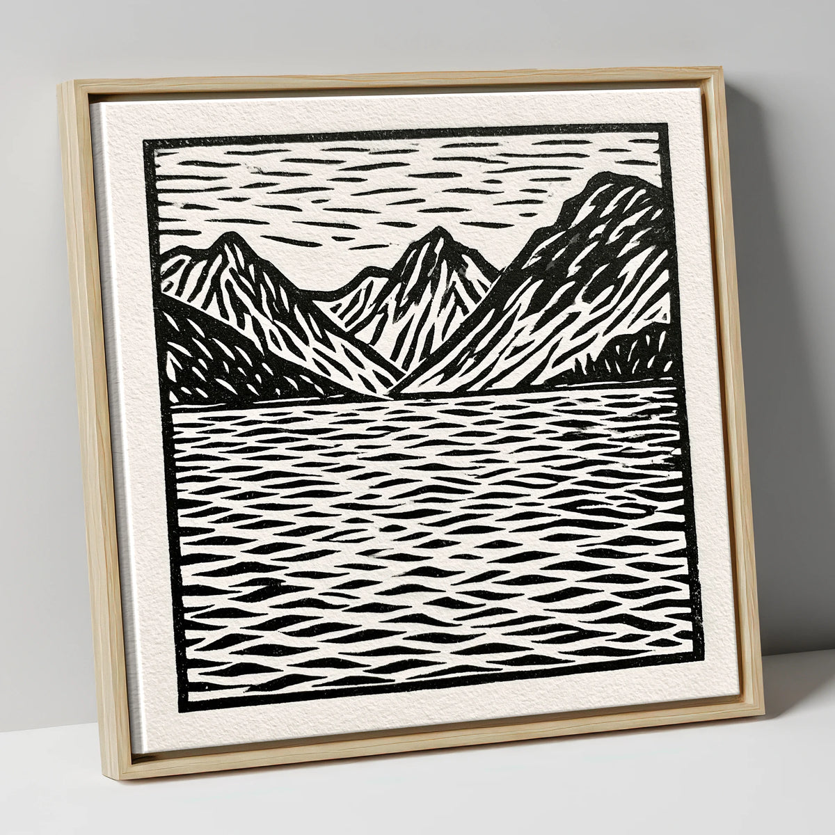Monochrome Fells and Lake Reflections lake district lake canvas wall art in natural frame