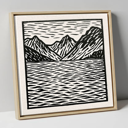 Monochrome Fells and Lake Reflections lake district lake canvas wall art in natural frame