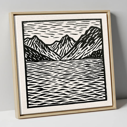 Monochrome Fells and Lake Reflections lake district lake canvas wall art in natural frame