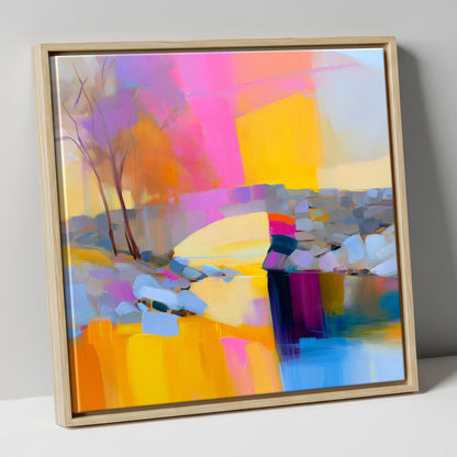 Stone Bridge Under Fuchsia Sky lake district waterfall canvas wall art in natural frame
