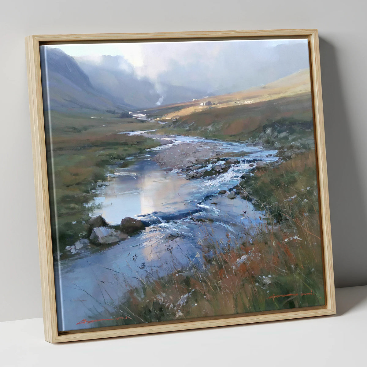 Winding Valley River in Sunlight lake district waterfall canvas wall art in natural frame