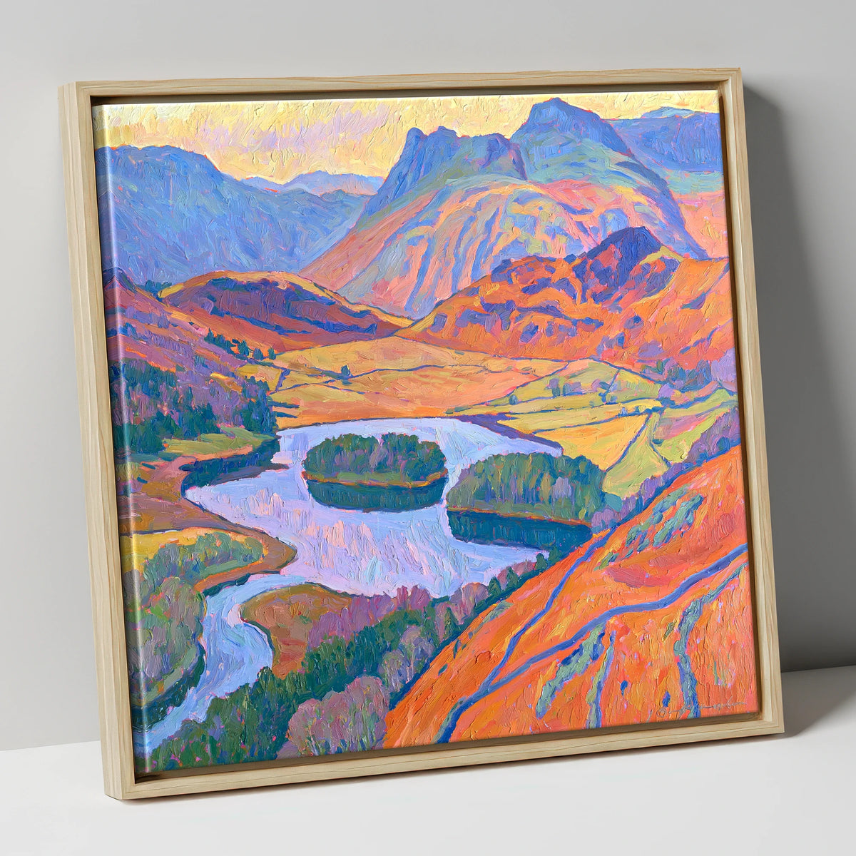 Radiant Fells Above Elter Water lake district lake canvas wall art in natural frame