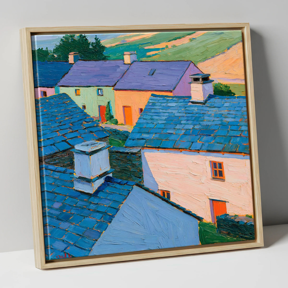 Colourful Slate Roofed Village Cottages lake district village canvas wall art in natural frame