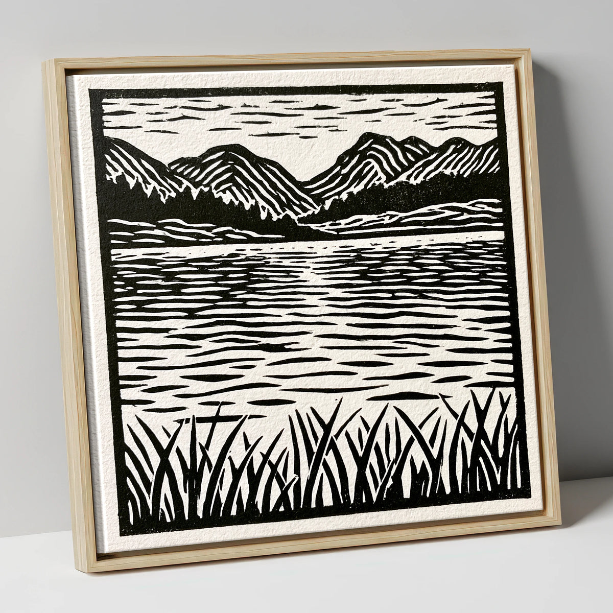 Calm Lake Reflections in Monochrome lake district lake canvas wall art in natural frame