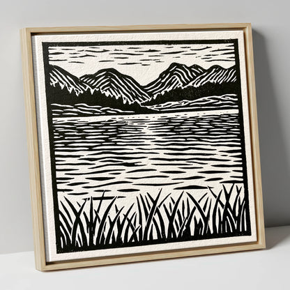 Calm Lake Reflections in Monochrome lake district lake canvas wall art in natural frame