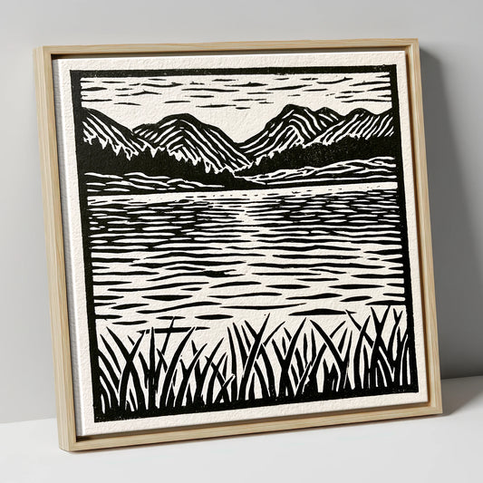 Calm Lake Reflections in Monochrome lake district lake canvas wall art in natural frame