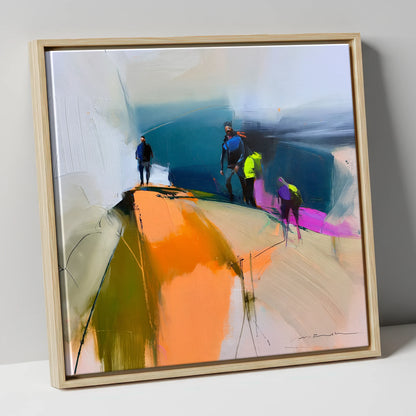 Vibrant Hikers on a Fell Top lake district fell canvas wall art in natural frame