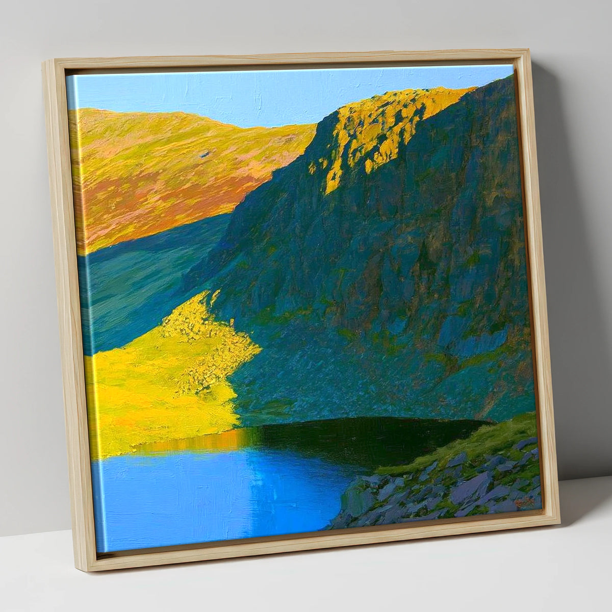 Vibrant Esk Pike and Tarn lake district fell canvas wall art in natural frame