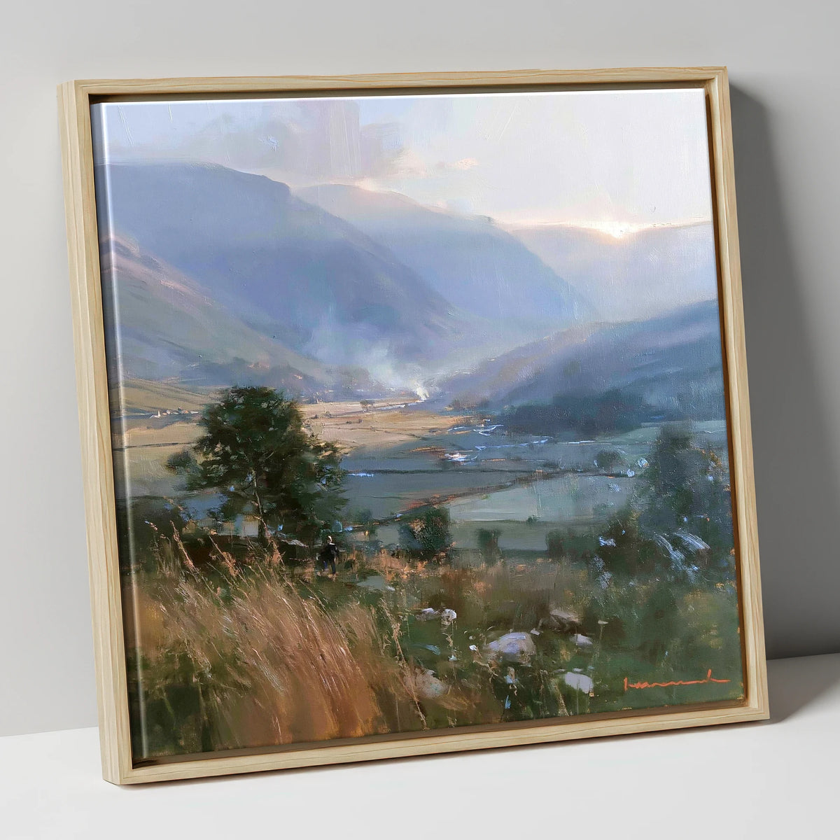 Hazy Sunlight Over Dale Fields lake district valley canvas wall art in natural frame