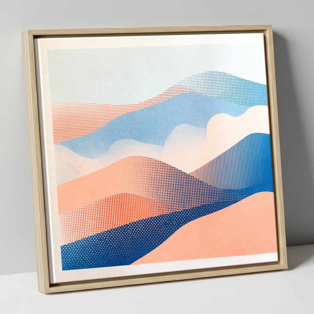 Coral and Blue Rolling Fells lake district fell canvas wall art in natural frame