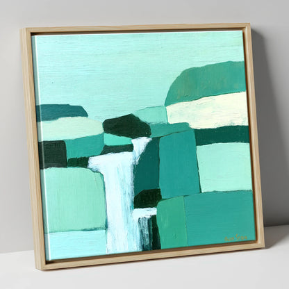 Abstract Teal Waterfall Over Rocks lake district waterfall canvas wall art in natural frame