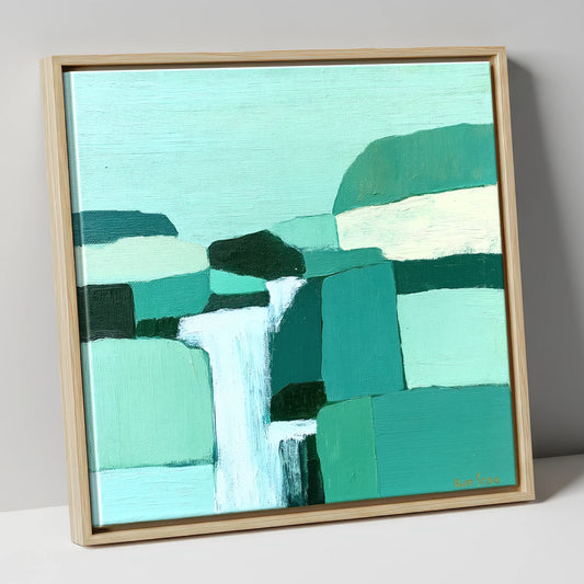 Abstract Teal Waterfall Over Rocks lake district waterfall canvas wall art in natural frame