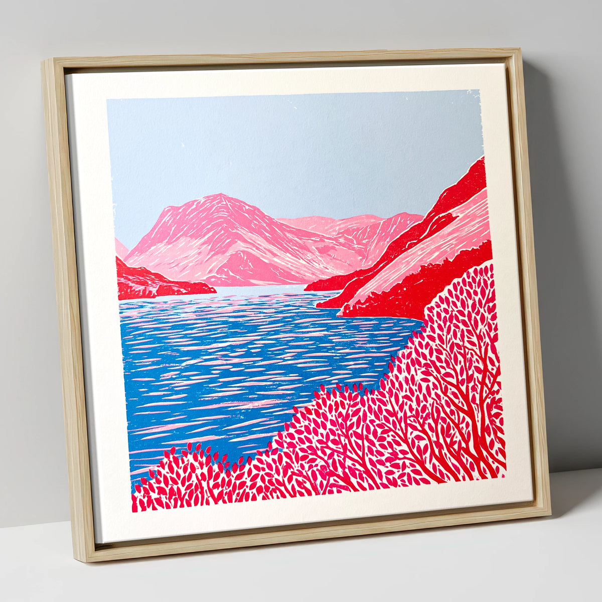 Vibrant Red Crummock Water lake district lake canvas wall art in natural frame